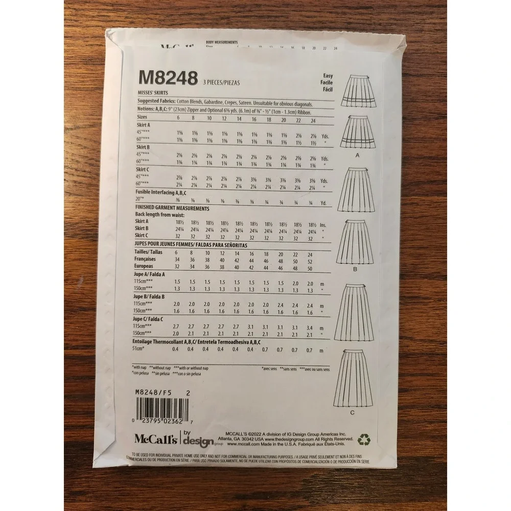 McCall's M8248 Misses Pleated Flared Skirt Sewing Pattern Size 16-24 Uncut F5